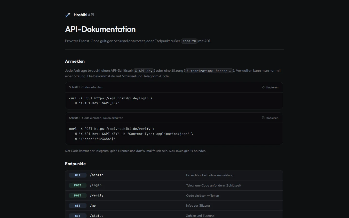 Dokumentationsseite der Hoshibi API mit Beispielen