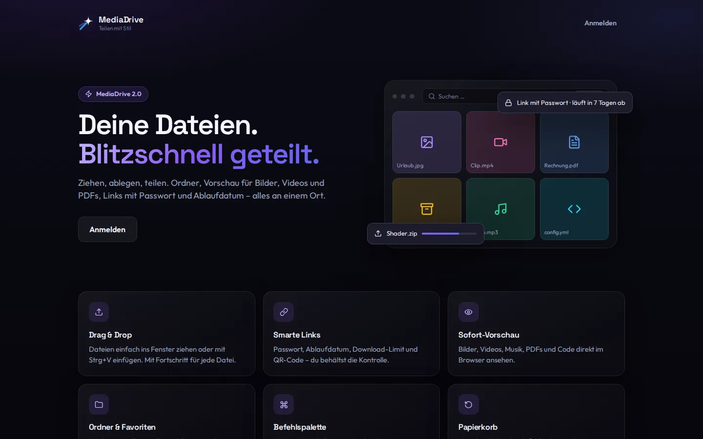 Startseite von MediaDrive mit Dateiraster und geteiltem Link