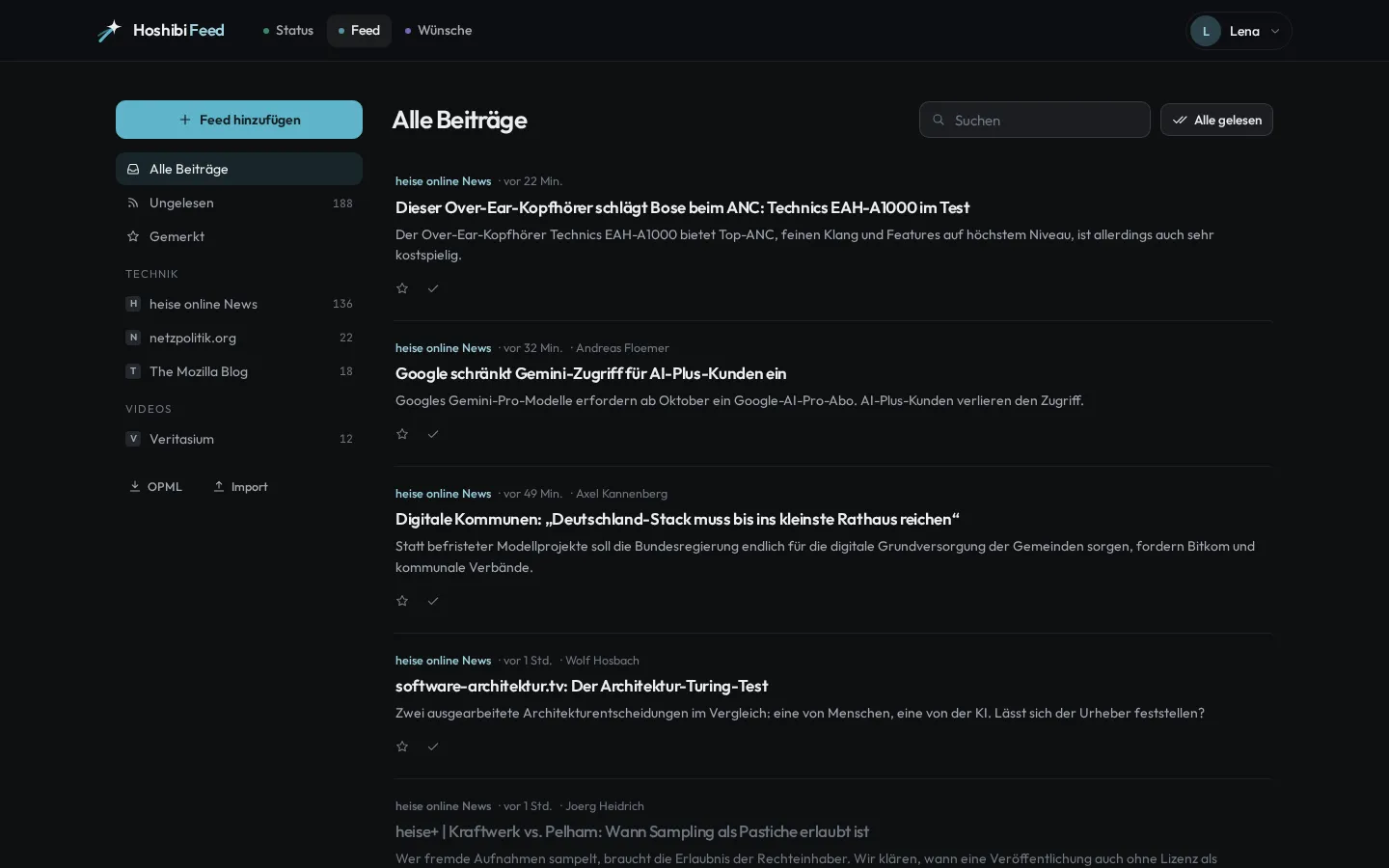 Hoshibi Feed mit Ordnern und einer Liste neuer Beiträge