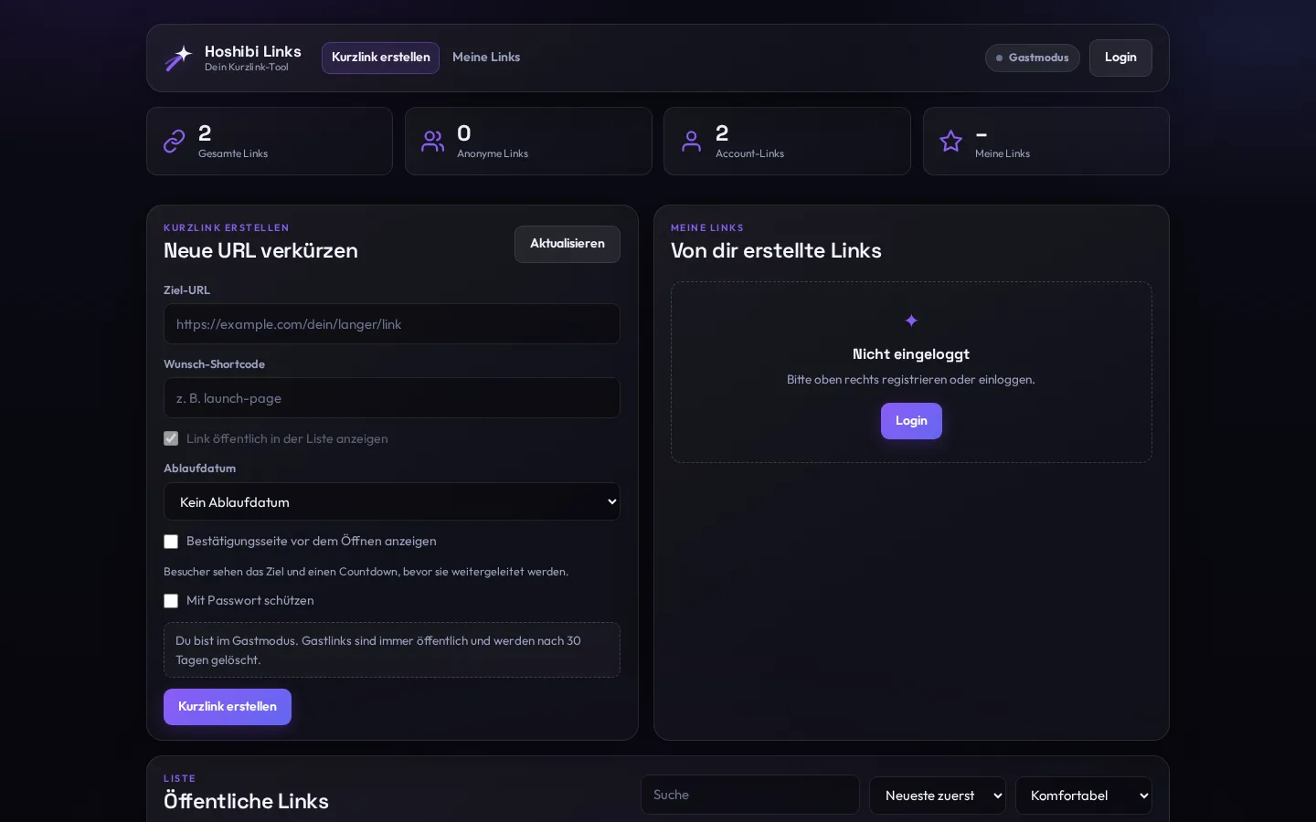Startseite von Hoshibi Links mit Formular zum Kürzen eines Links