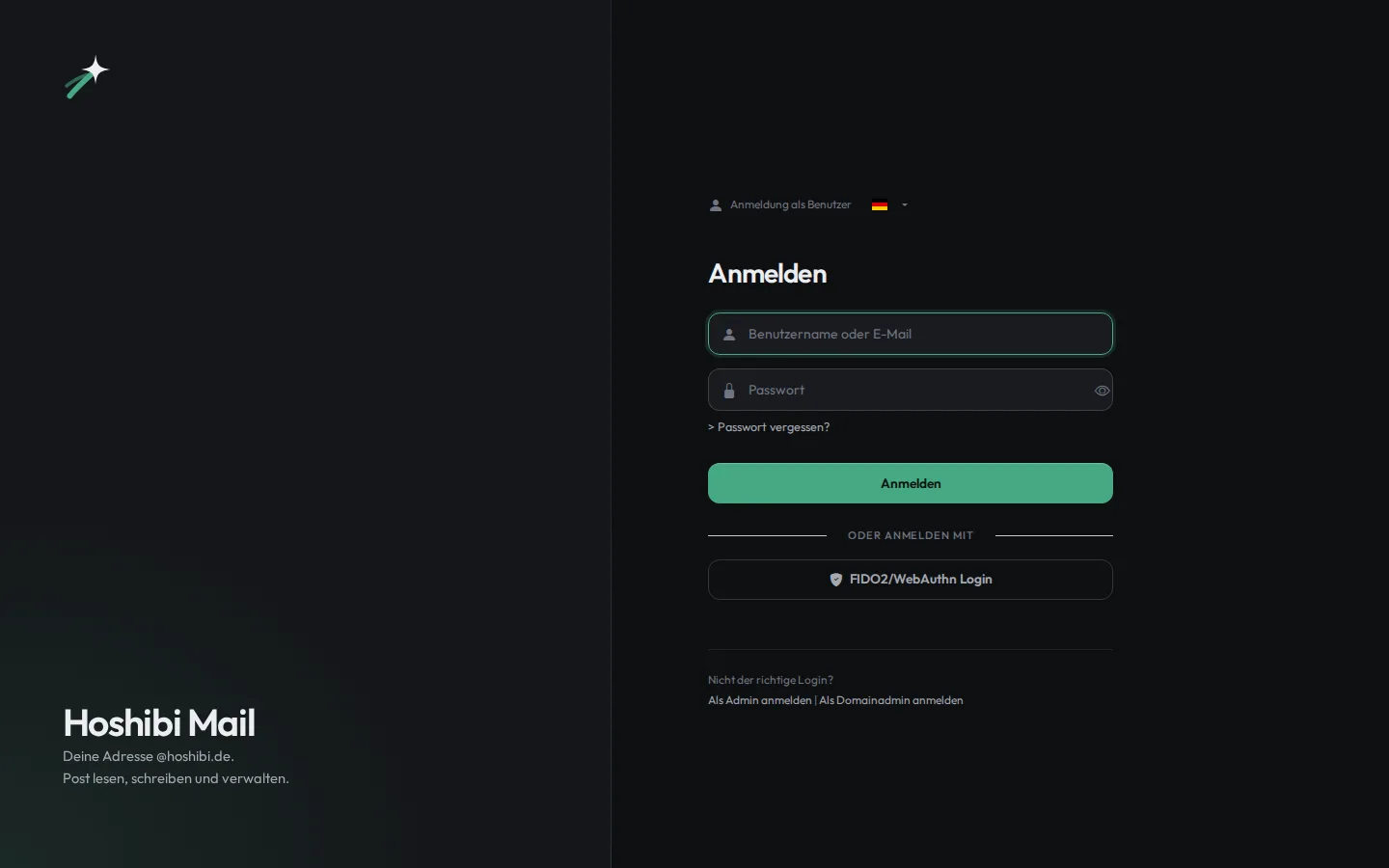 Anmeldeseite von Hoshibi Mail