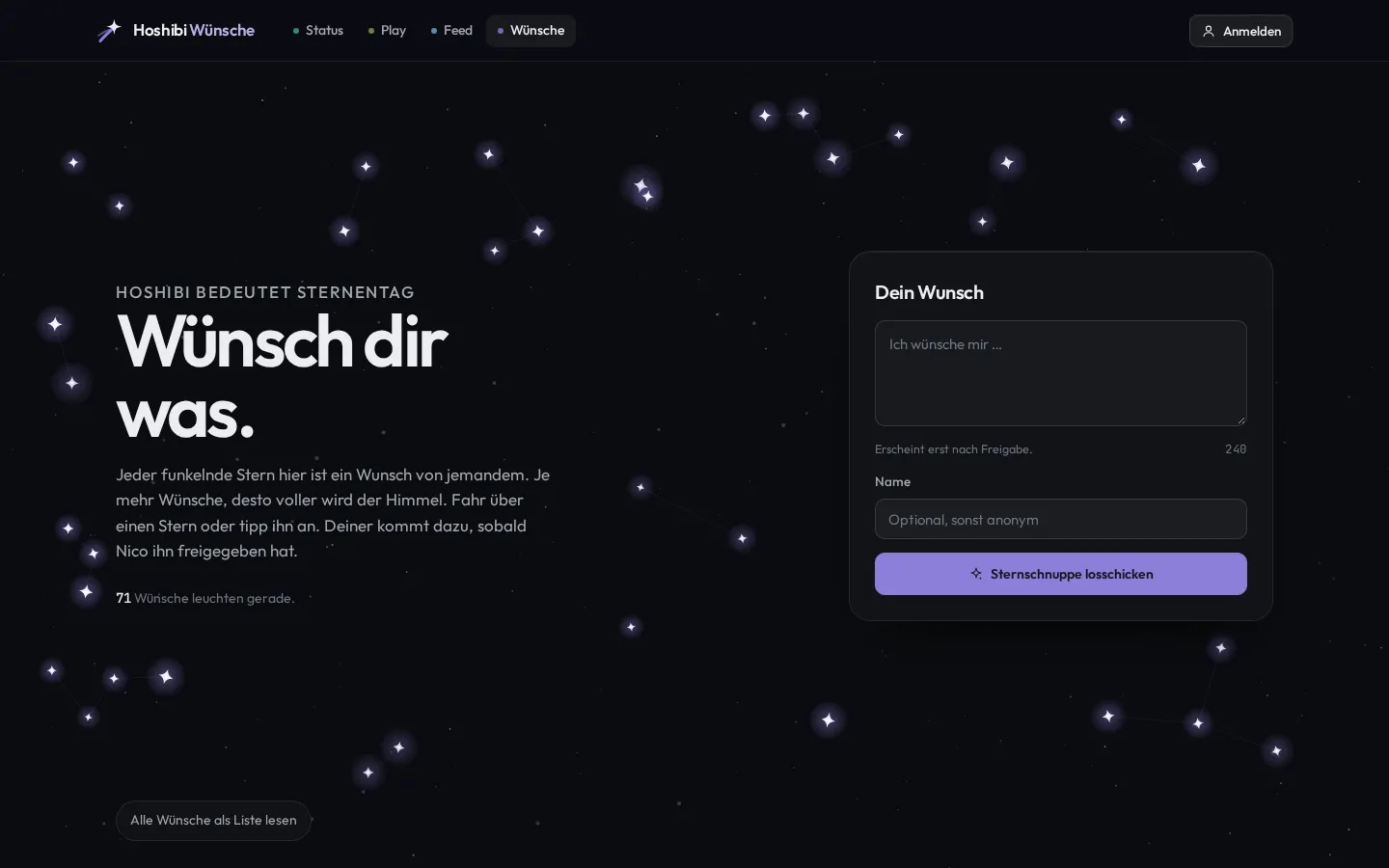 Sternenhimmel aus freigegebenen Wünschen mit Formular für einen neuen Wunsch